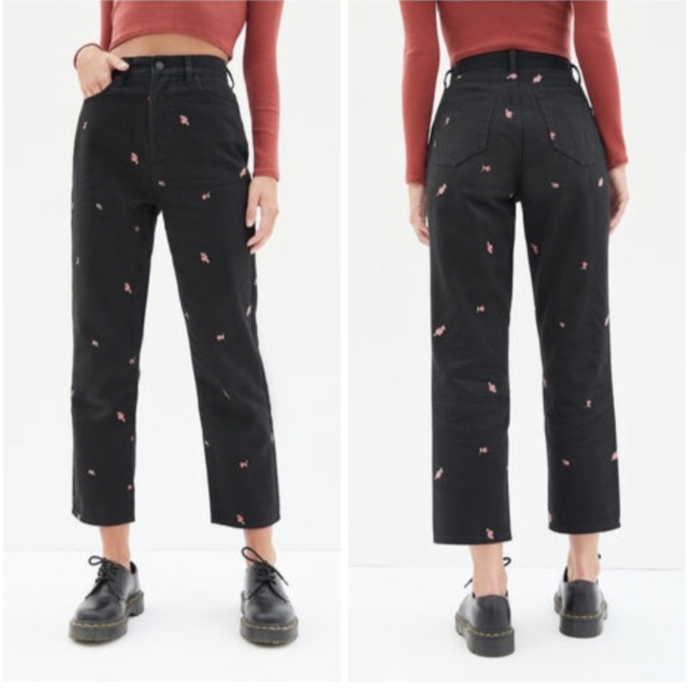 PacSun Rose Embroidered Black High Rise Mom Jeans Straight Ankle Length- 24